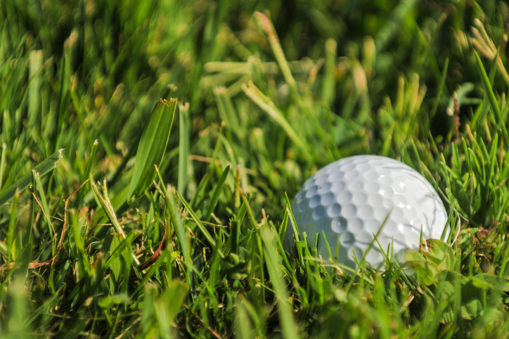 Golf ball half buried in deep grass